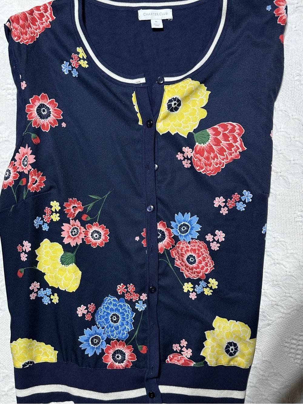 Charter Club Navy Floral Button-Front Cardigan with Yellow, Red & Blue Blooms XL